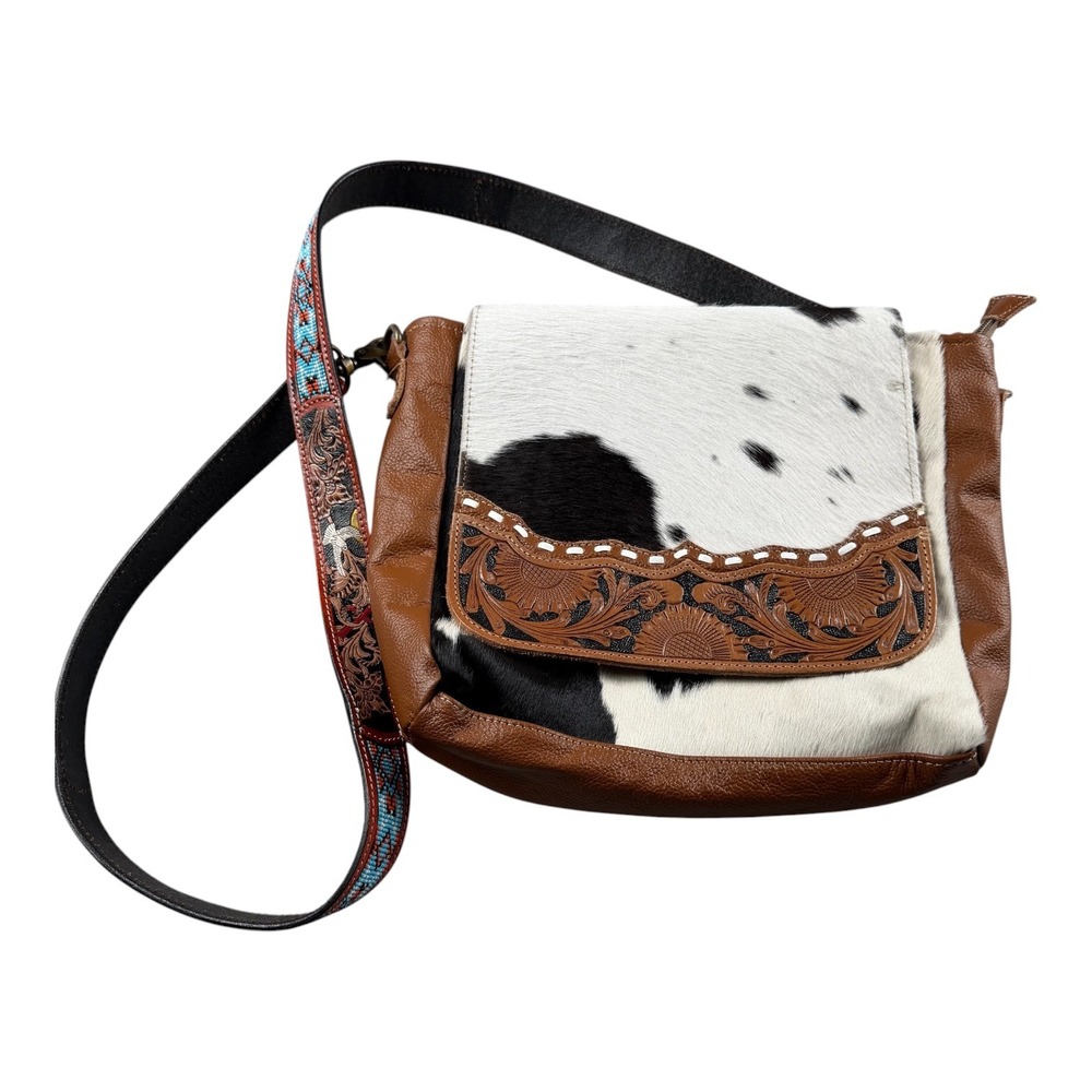 Myra Bag Cowhide Tooled Leather Crossbody Bag Beaded Strap Western Brown Black